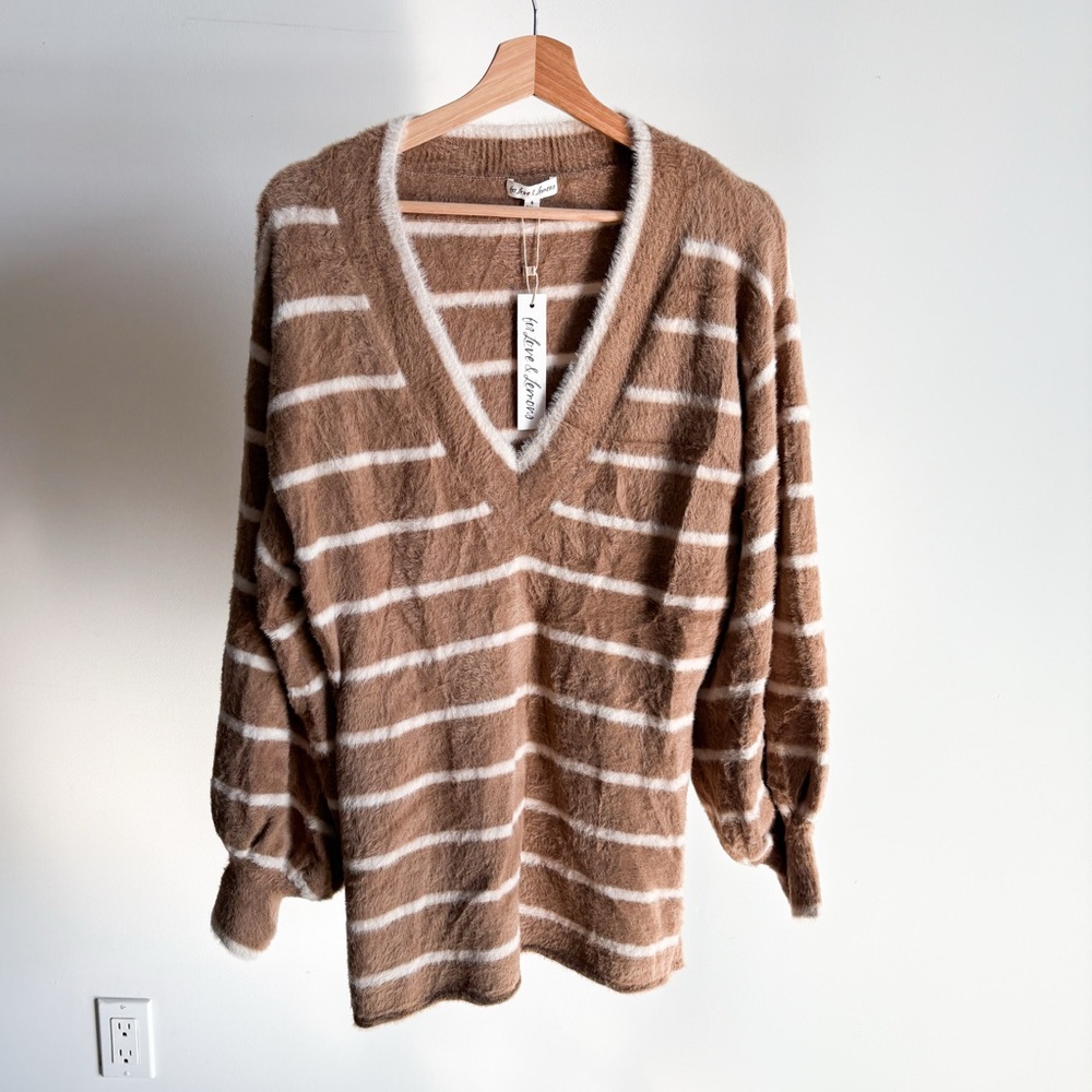 NWT Brown For Love And Lemons V-Neck Striped Sweater Dress #2 Sz Small